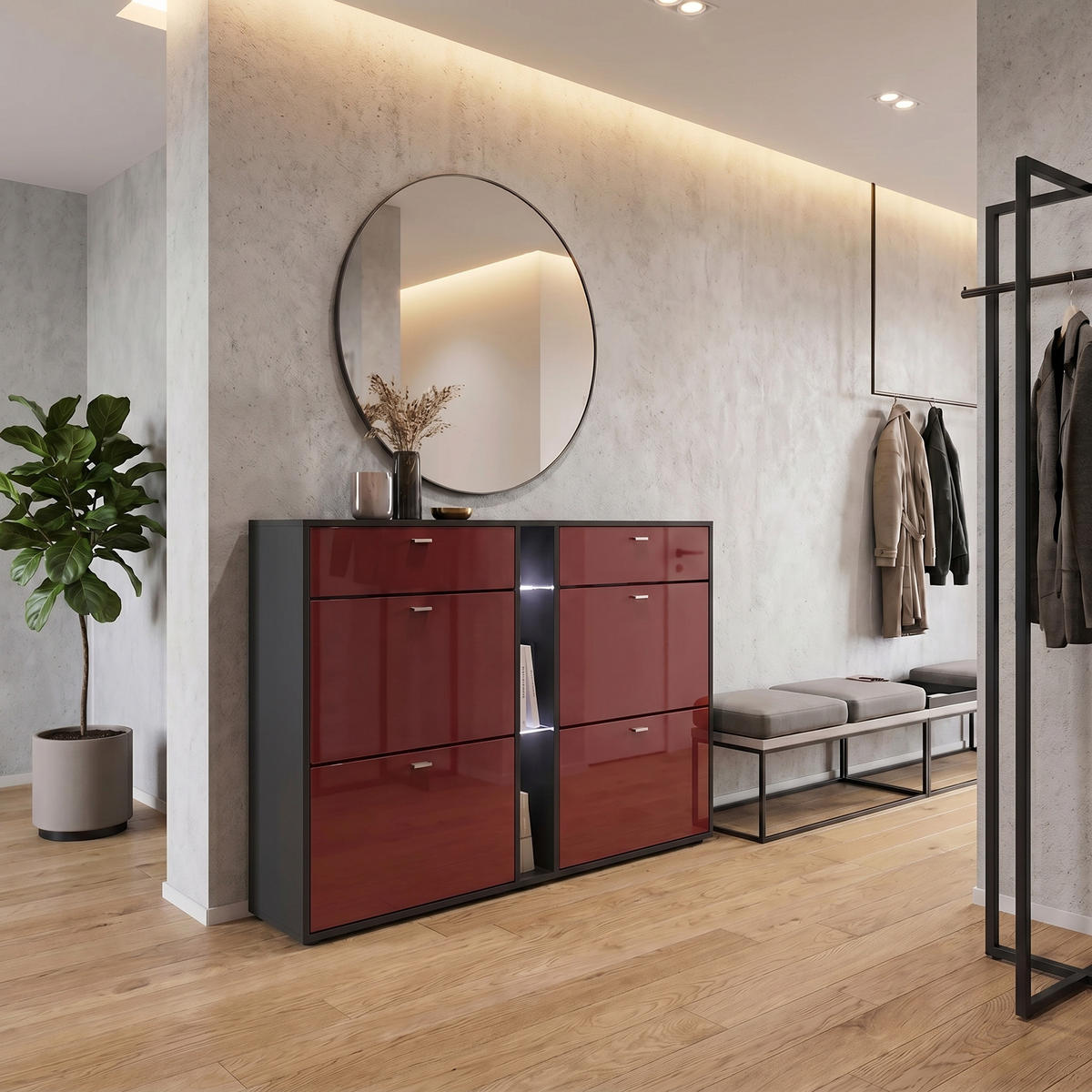 SCHUHSCHRANK Today Fronten in Bordeaux Hochglanz - Bordeaux, Holzwerkstoff (155.5/95/28cm) - Vladon