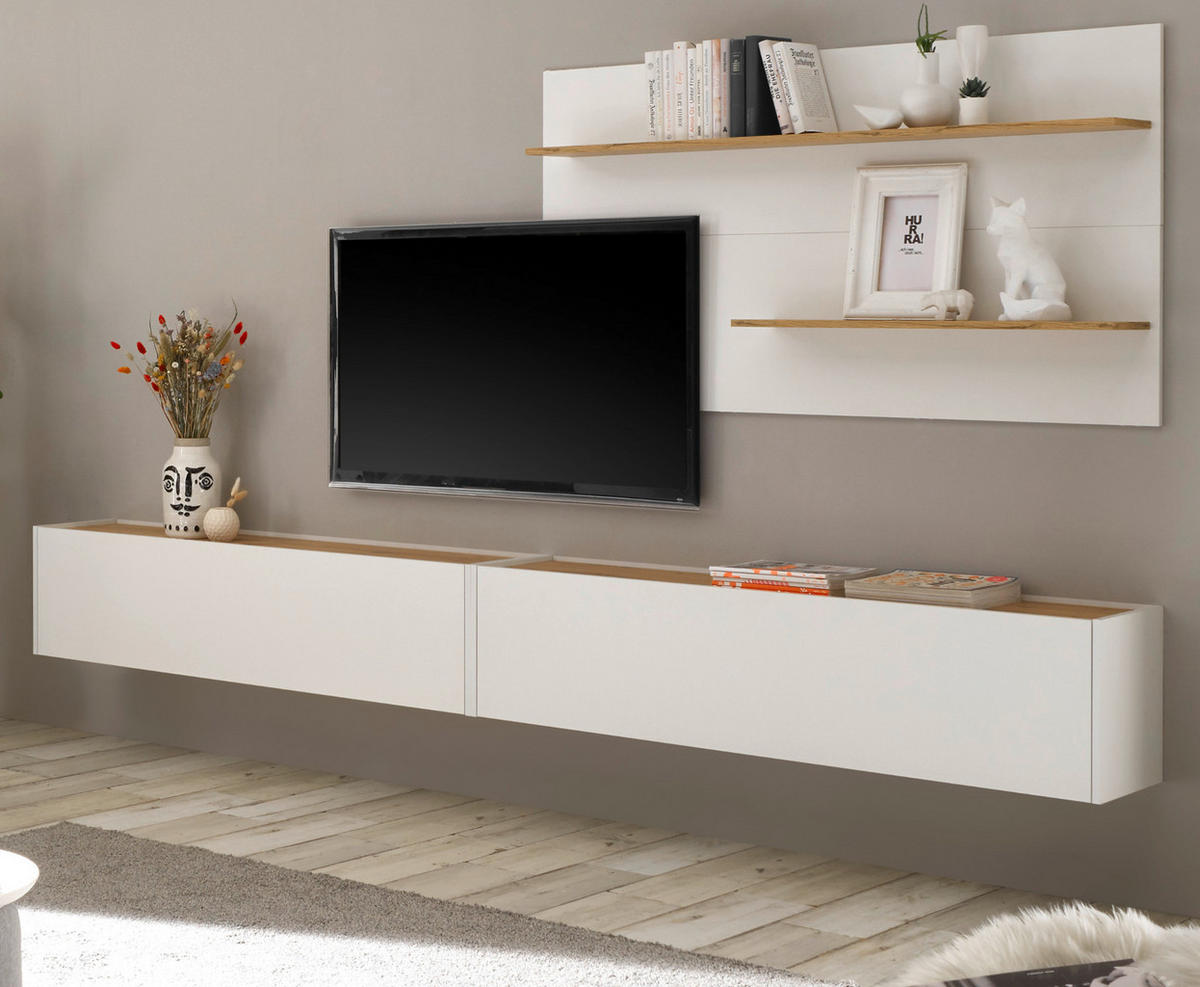 WOHNWAND 3-teilig Center in weiß und Eiche Wotan 300 cm - Eiche Wotan/Weiß, Holz/Holzwerkstoff (300/180/30cm) - Furn.Design