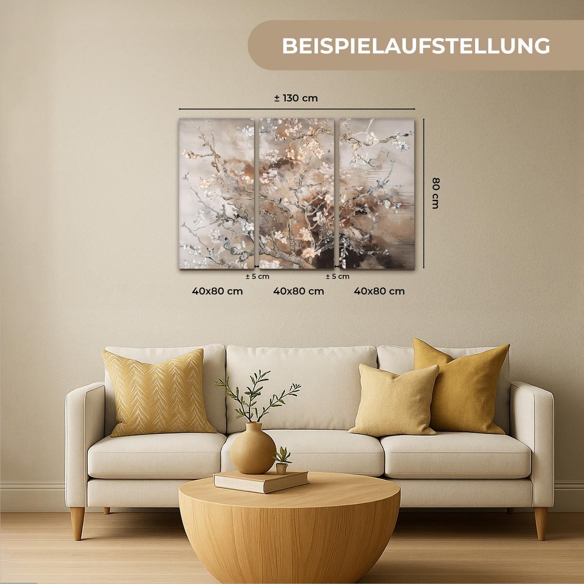 LEINWANDBILD 3er Set Mandelblüte - Abstrakt - Beige 120x80 cm - Beige, Textil (120/80cm) - MuchoWow