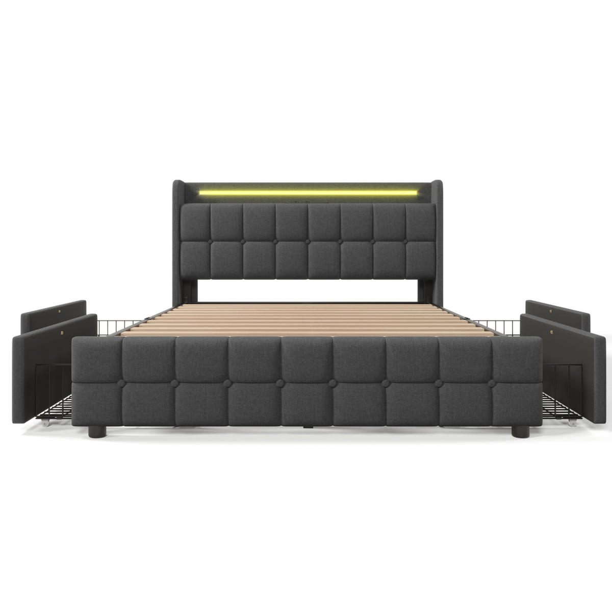 POLNJENA postelja iz lesa 140x200 cm siva z USB priključki, vtičnicami, LED osvetlitvijo in 4 predali - siva, leseni material (140/200cm) - Modfu
