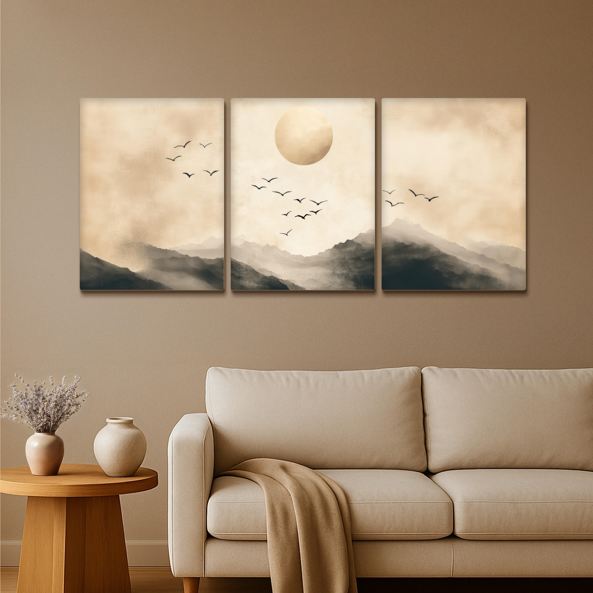 LEINWANDBILD 3er Set Landschaft - Japandi - Beige - Vögel 180x80 cm - Beige, Textil (180/80cm) - MuchoWow