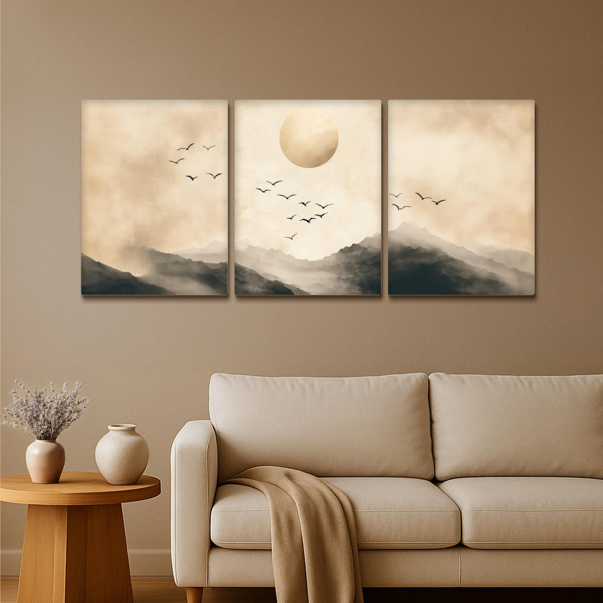 LEINWANDBILD 3er Set Landschaft - Japandi - Beige - Vögel 180x80 cm - Beige, Textil (180/80cm) - MuchoWow