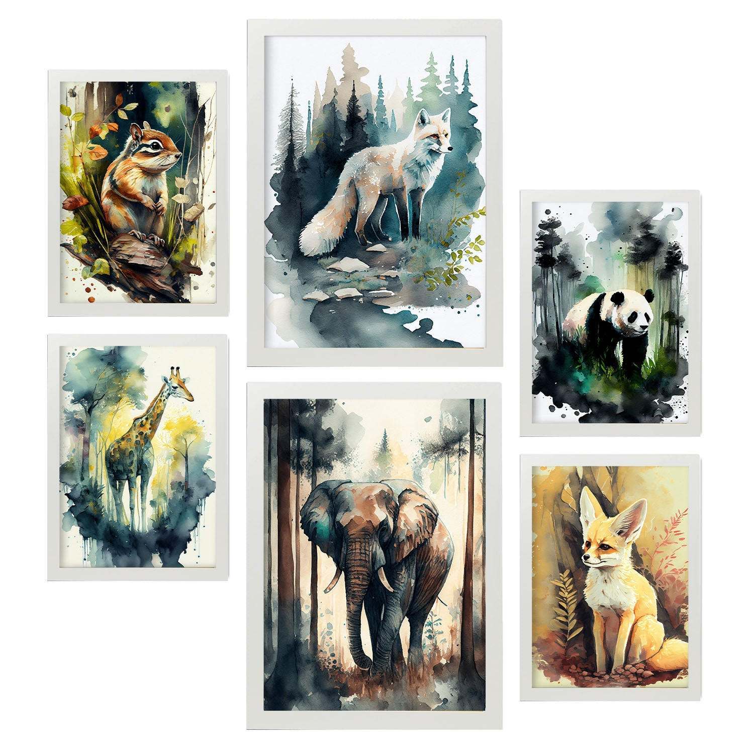 POSTER Set Mit 6 Wald Und Savanne Illustrationen Von Tieren In Naturlandschaften, Realistischer Aquarellstil Innenarchitektur A3 & A4 Weißer Rahmen - Weiß, Papier (29/3cm) - Nacnic