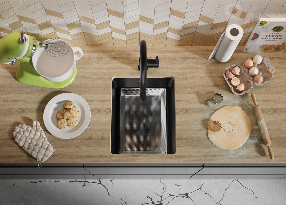 UNTERBAUSPÜLE GRANIT Venedig Easy, 2-er set Alles Schwarz 36/44 cm 1 Becken + Ablauf-Set ab 40er Unterschrank - Schwarz, Kunststoff (36/20/44cm) - Primagran