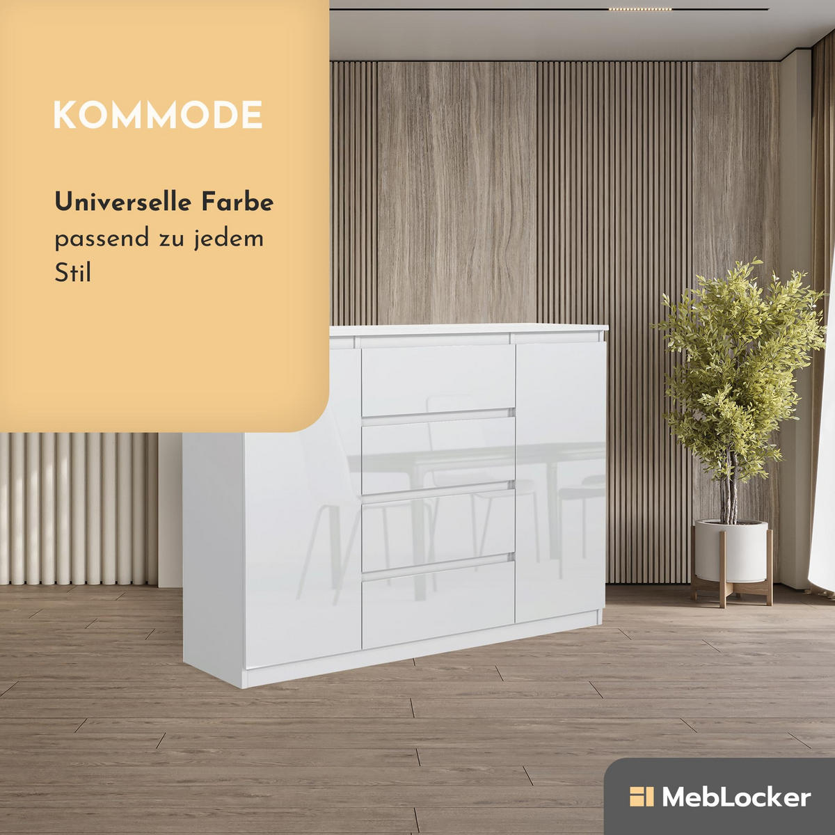 KOMMODE mit 4 Schubladen 2 Schranktüren 120 cm Weiß mit HochglanzFronte - Weiß Hochglanz, Holzwerkstoff (120.4/101.5/39cm) - MebLocker