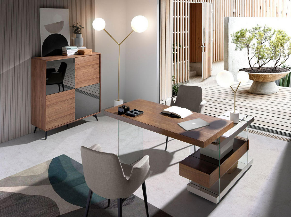 HIGHBOARD Sideboard aus schwarzem Glas mit Spiegeleffekt, Walnuss und schwarzem Stahl 110/45/124 cm - Walnussfarben/Schwarz, Holz (110/124/45cm) - ANGEL CERDA