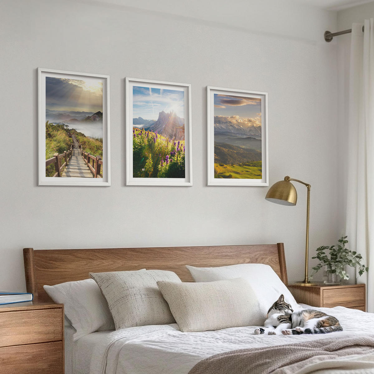BILDER SET 3er Set - 40x60 cm Weißer Rahmen - Berglandschaft mit Blumen - Weiß, Kunststoff (40/60cm) - TULUP