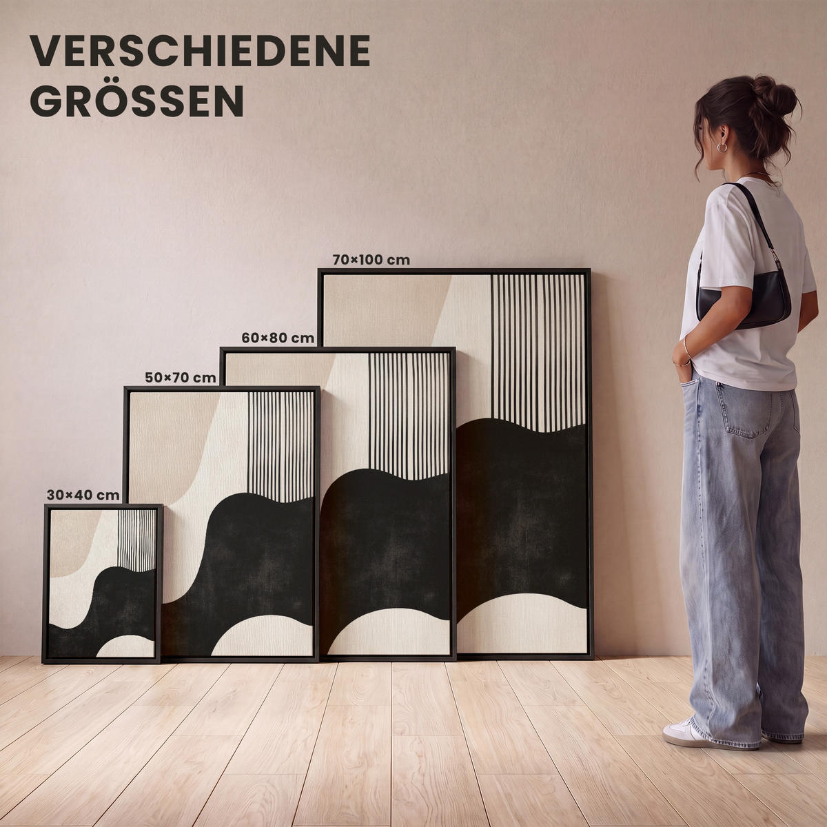 LEINWAND Bilder mit Rahmen - Abstrakt - Japandi - Beige - Modern - 70x100 - Schwarz, Textil (70/100cm) - MuchoWow
