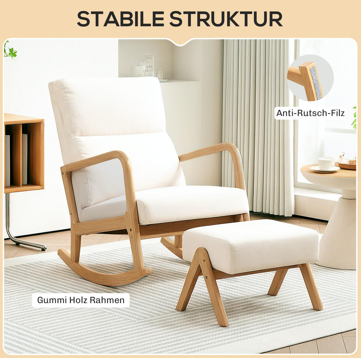 SCHAUKELSTUHL 65/96/94,5 cm in Cremeweiß mit Hocker und Holzgestell - Creme, Textil (65/94.5/96cm) - Flora Grace