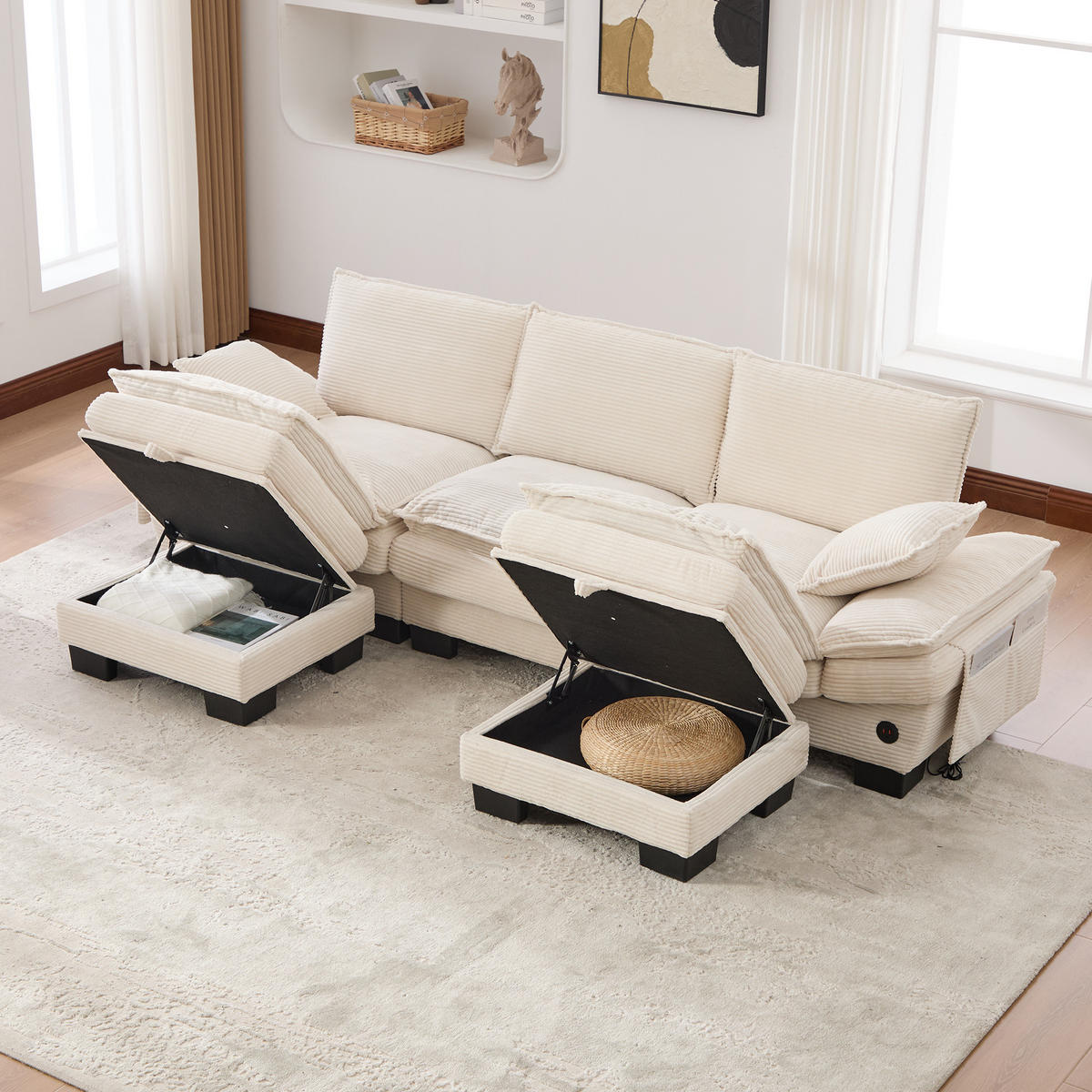3-SITZER Sofa aus Corduroy 260x132x84 cm mit USB-C & Seitentaschen, beige - Beige, Textil (132/84/260cm)