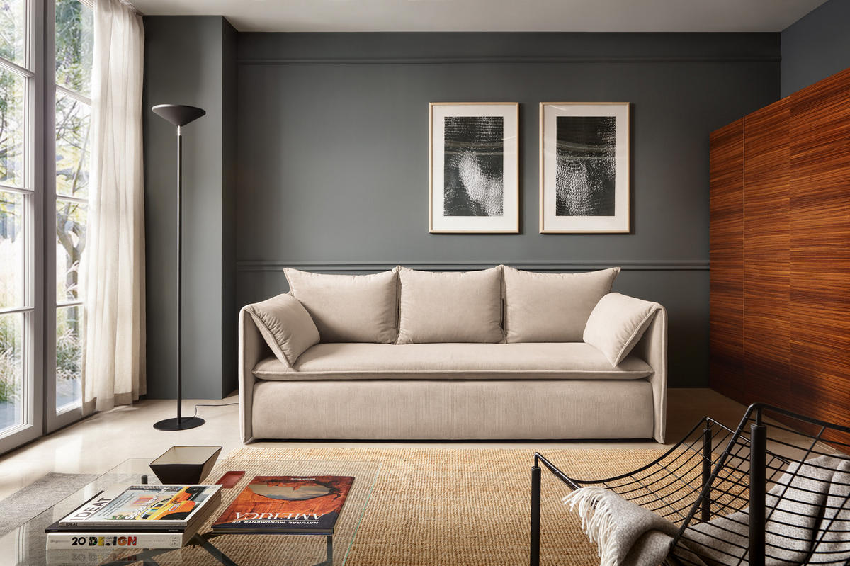 BETTSOFA PREGIO Beige Velours-Stoff mit Schlaffunktion - Beige, Textil (105/89/218cm) - MASSENO