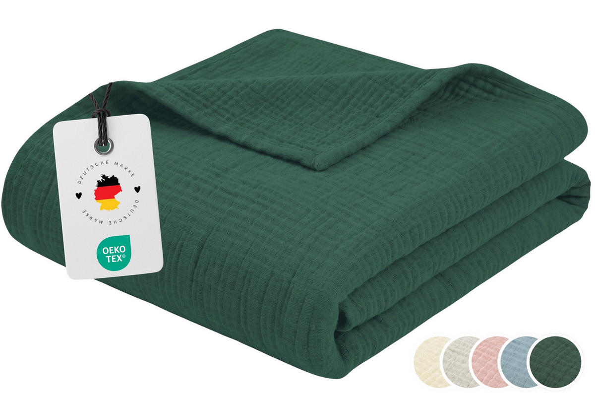 WOHNDECKE Musselin 150 x 200 cm, Leichte Kuscheldecke aus 100% Baumwolle - Nutzbar als Tagesdecke, Plaid oder Decke für Sofa, Couch & Bett - Grün - Grün, Textil (150/200cm) - Carpe Sonno