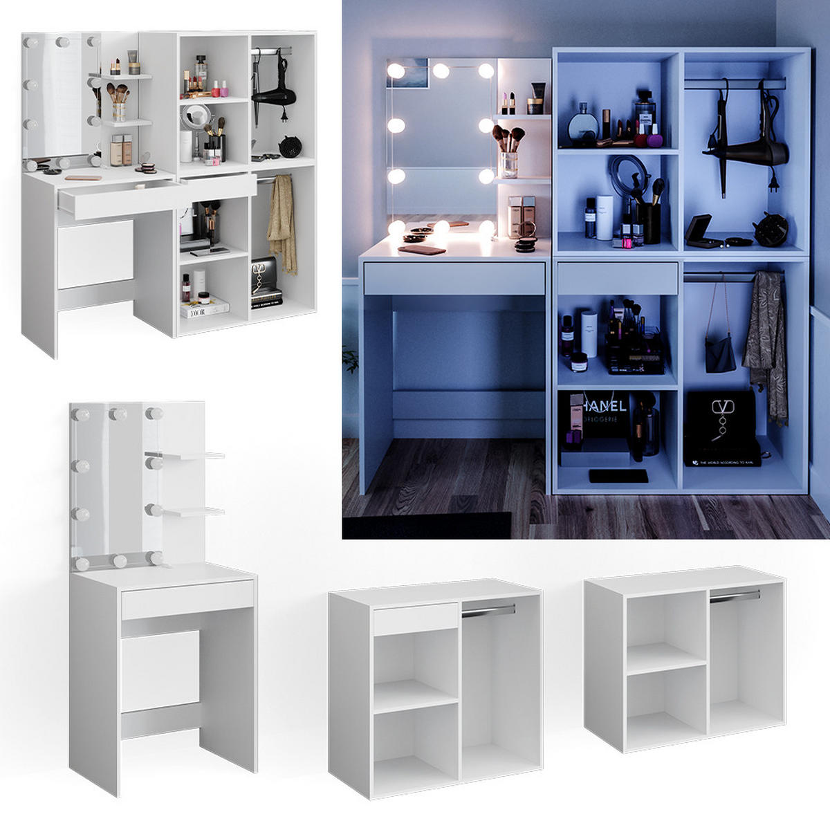 SCHMINKTISCH Isabelle Weiß 60 cm mit LED Beleuchtung und Schränken - Weiß, Holzwerkstoff (60/140/40cm) - Vicco