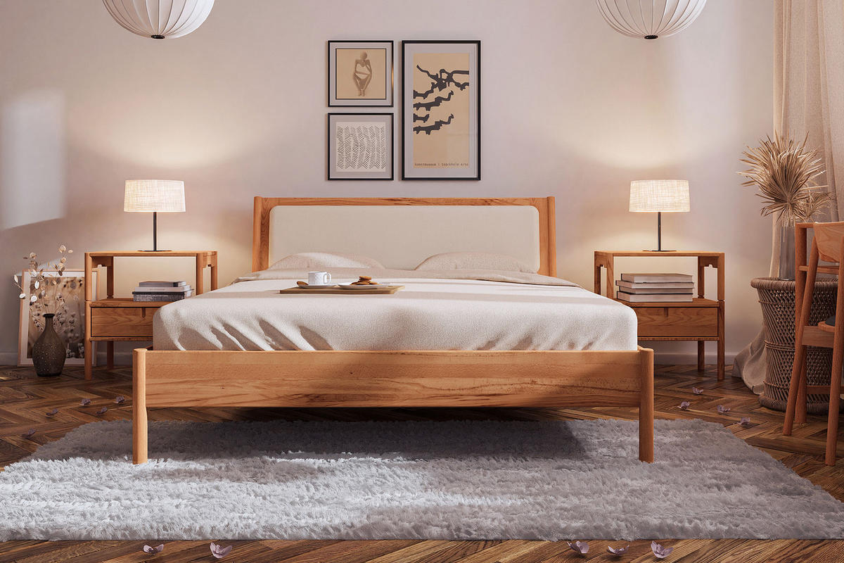 BETT MIT POLSTERKOPFTEIL INA 140x220 Kernbuche - Ecru, Holz (140/220cm) - byoak
