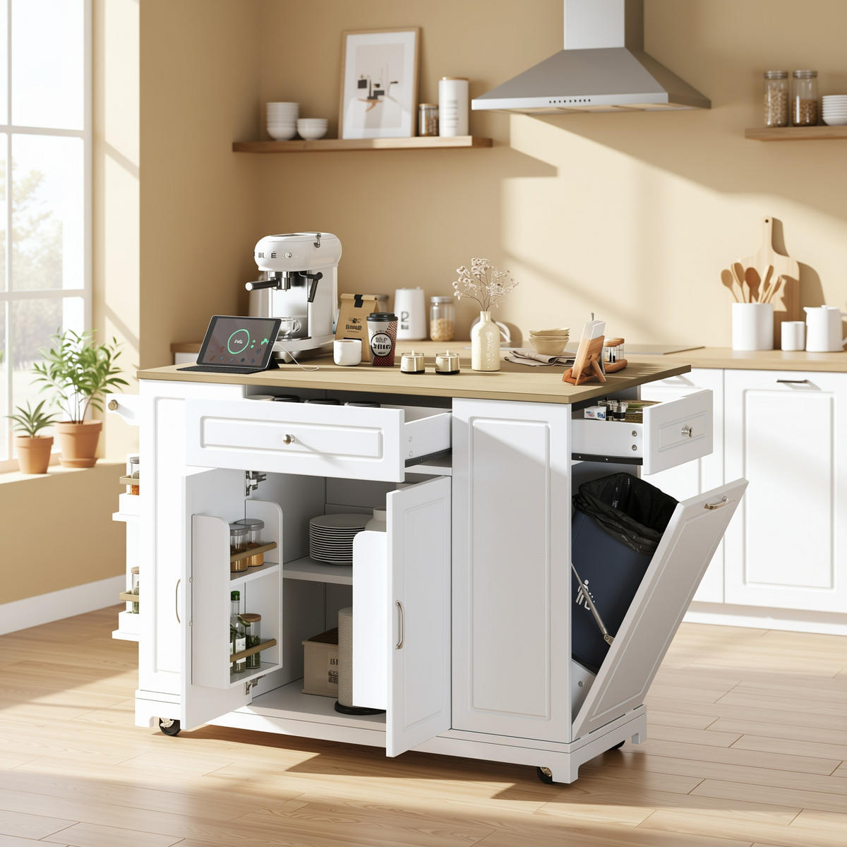 KÜCHENINSEL Mobile (132 cm) in Weiß/Natur mit Mülleimer-Auszug - Weiß, Holzwerkstoff (131.8/93.3/40cm) - Urban Meuble
