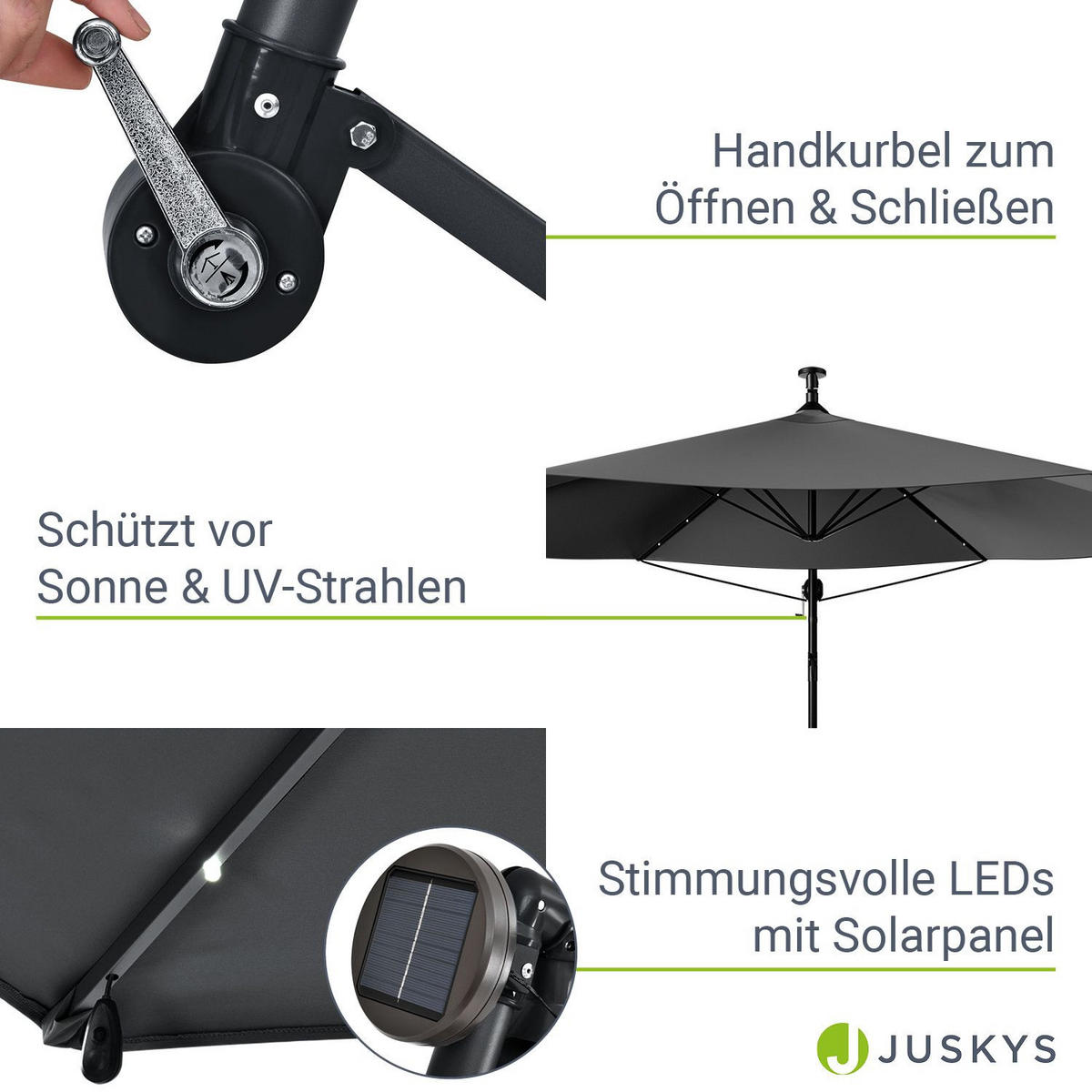 AMPELSCHIRM Brazil dunkelgrau 3m mit LED, Kurbel und Standfuß - Dunkelgrau, Metall (285/285cm) - Juskys