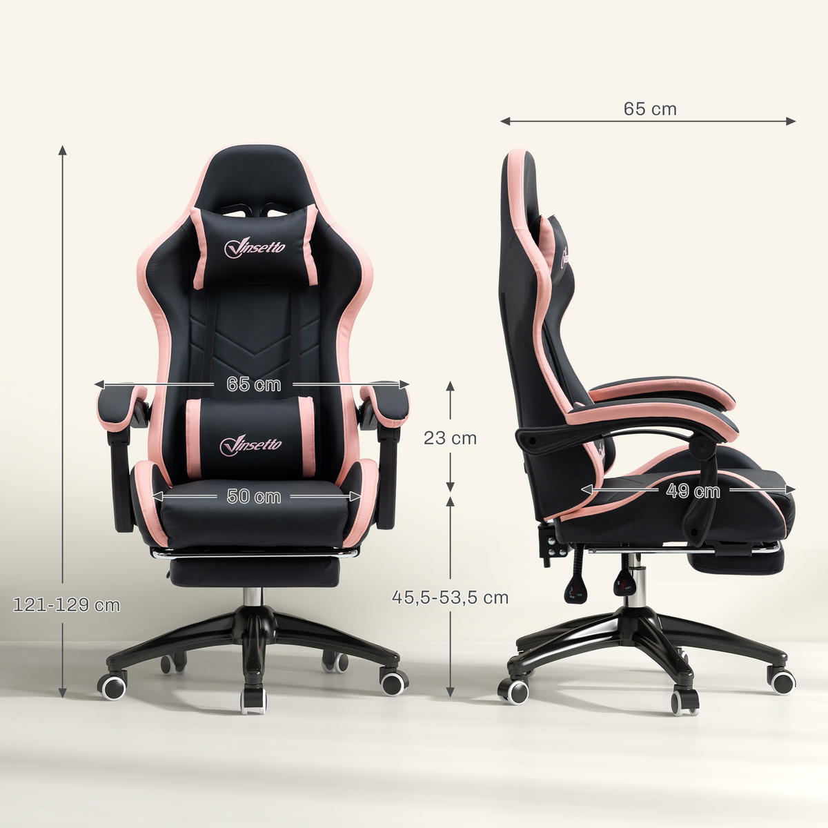 GAMINGSTUHL mit Kopf- und Lendenstütze Rosa + Schwarz - Schwarz, Kunststoff (65/129/65cm)