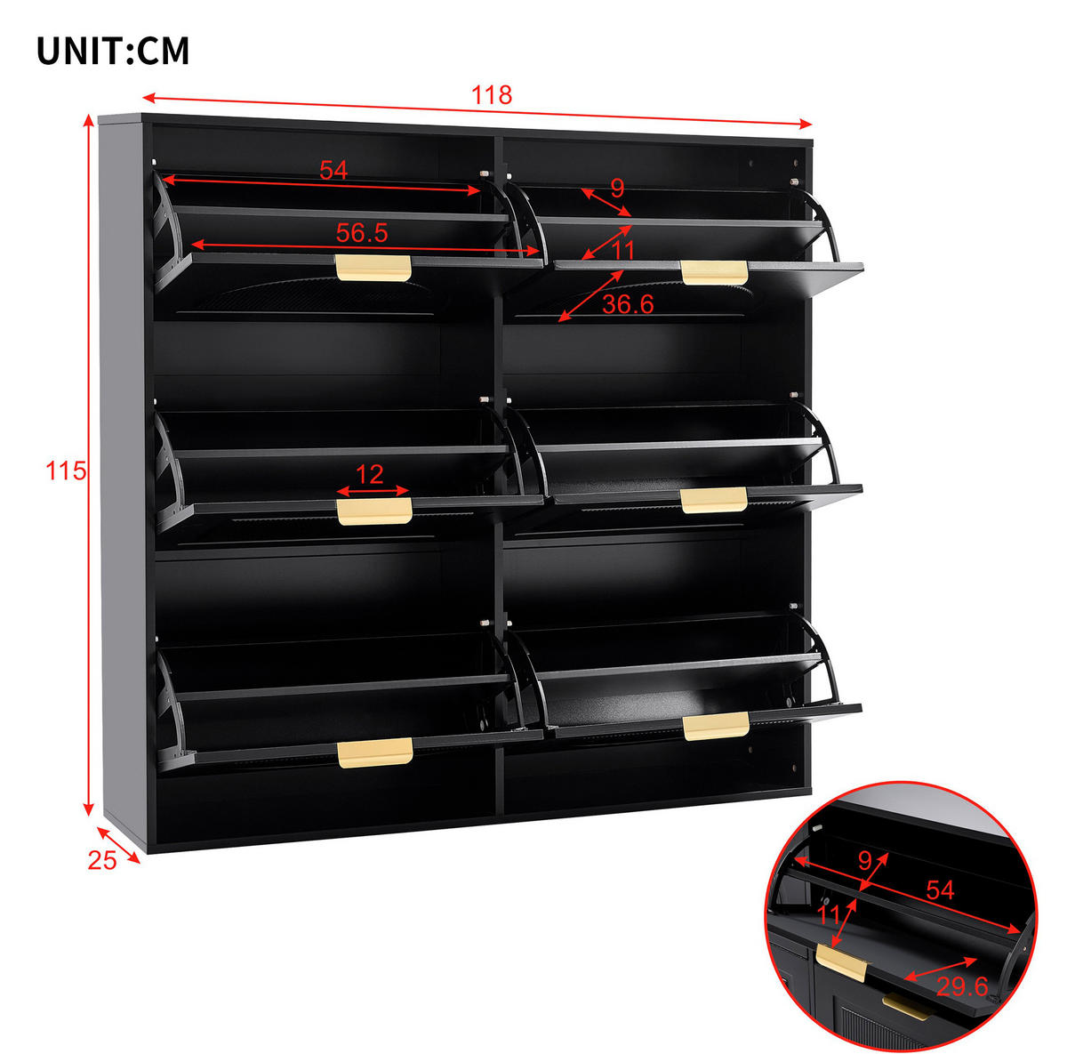SCHUHSCHRANK 118/25/115 cm mit 6 Klappenfächern, verstellbaren Einlegeböden und Kippsicherung, Schwarz - Schwarz, Holzwerkstoff (118/115/25cm) - Redom