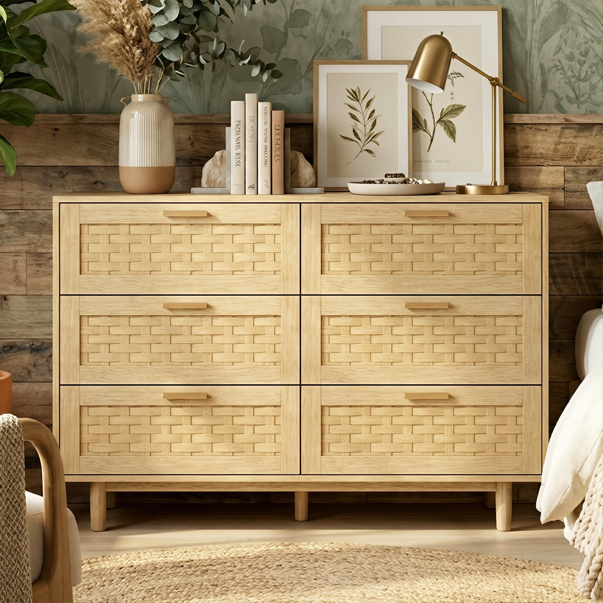 KOMMODE Japandi mit 6 Schubladen in Rattan-Optik 115/40/80 cm Eiche-Dekor - Eichefarben, Holzwerkstoff (115/80/40cm) - Creahappy
