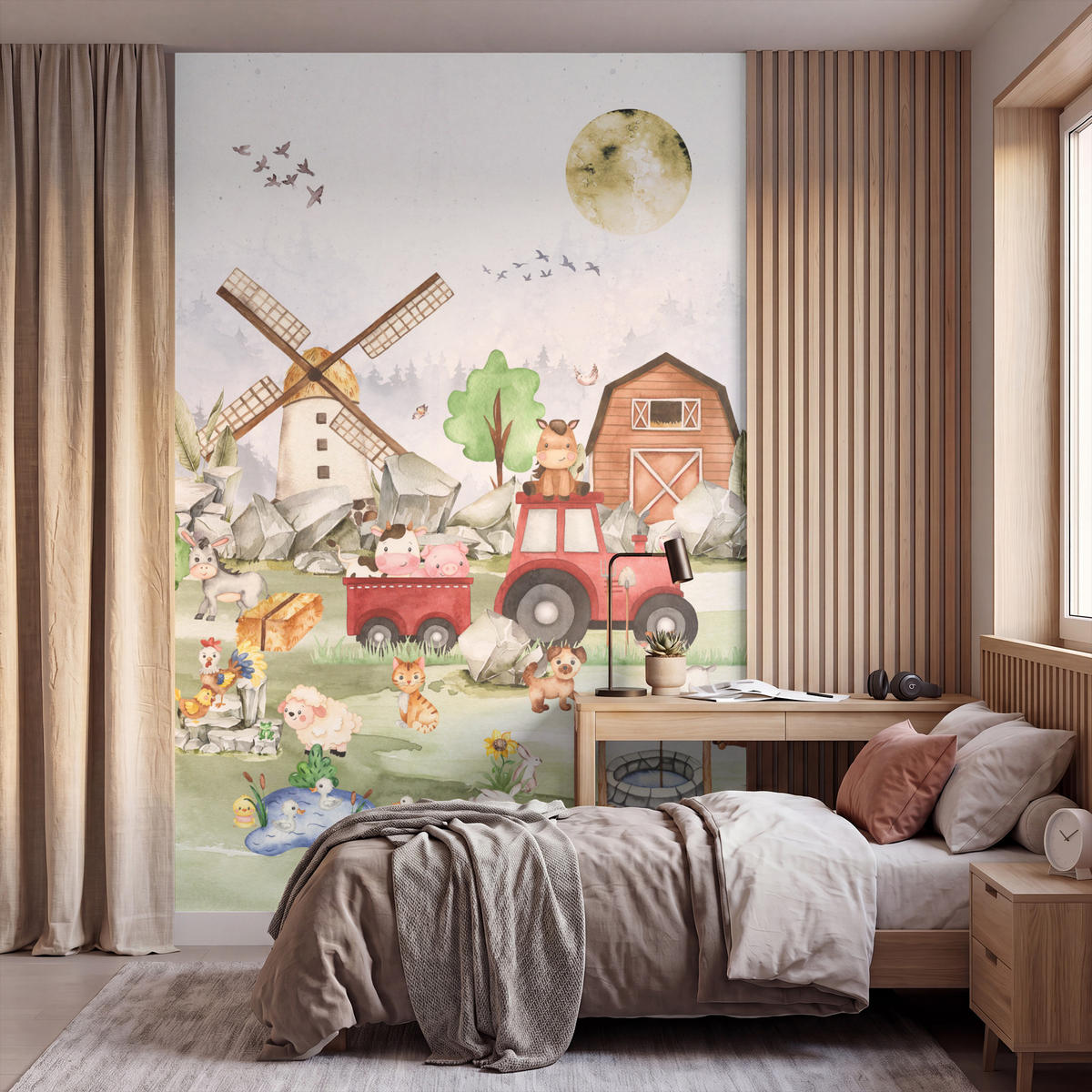 KINDERTAPETE - Bauernhof - Traktor - Kinder - Tiere - 180x280 cm - Weiß, Papier (180/280cm) - OnlyWow