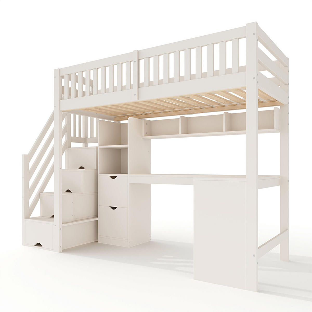 HOCHBETT 90x200 cm mit Treppenschrank in Weiß - Weiß, Holz (90/200cm) - KOMHTOM
