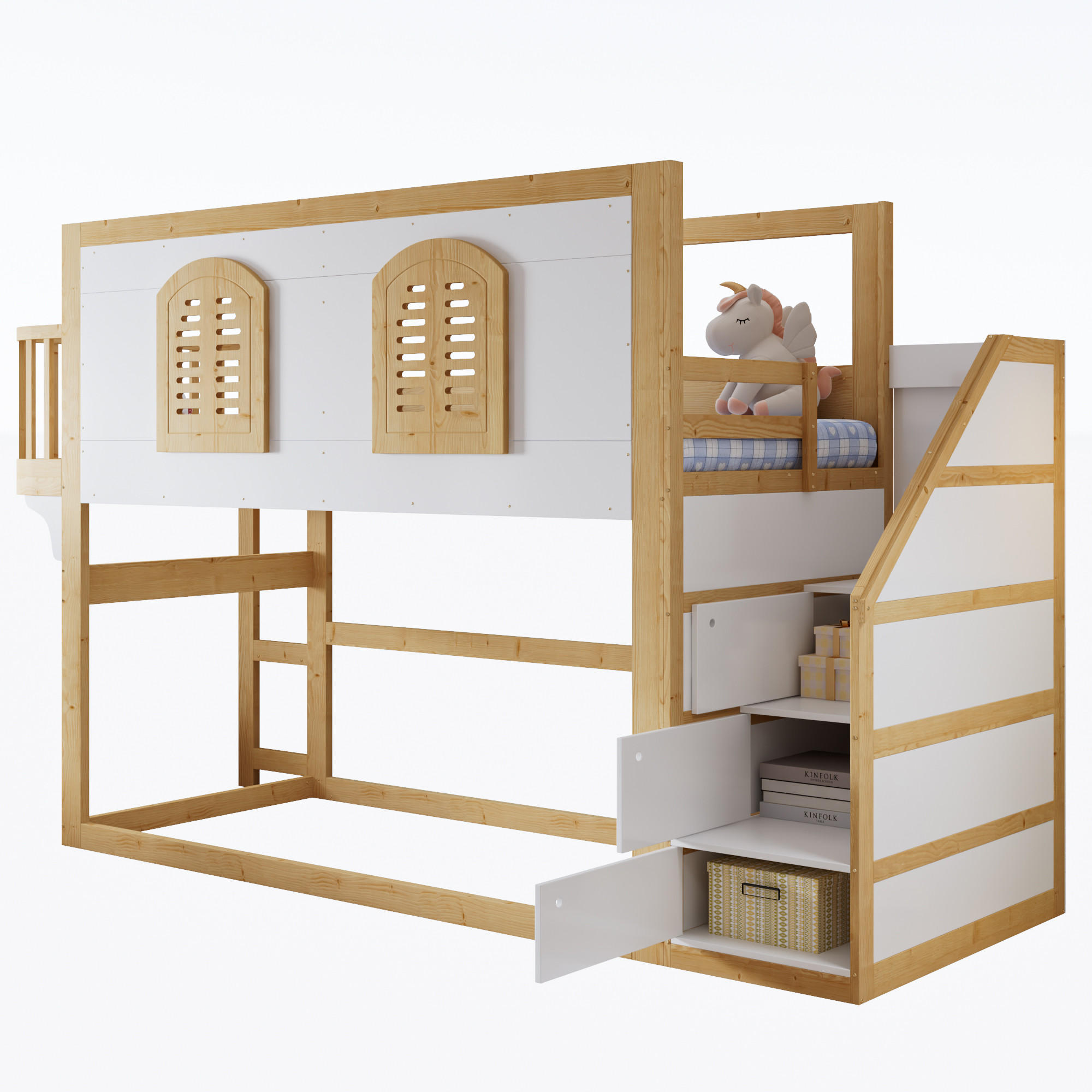 HOCHBETT 90/200 cm in Weiß & Natur mit Treppenschrank und Fensterdesign - Weiß/Naturfarben, Holz/Holzwerkstoff (90/200cm) - WISHDOR