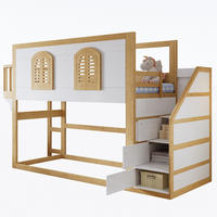 HOCHBETT 90/200 cm in Weiß & Natur mit Treppenschrank und Fensterdesign - Weiß/Naturfarben, Holz/Holzwerkstoff (90/200cm) - WISHDOR