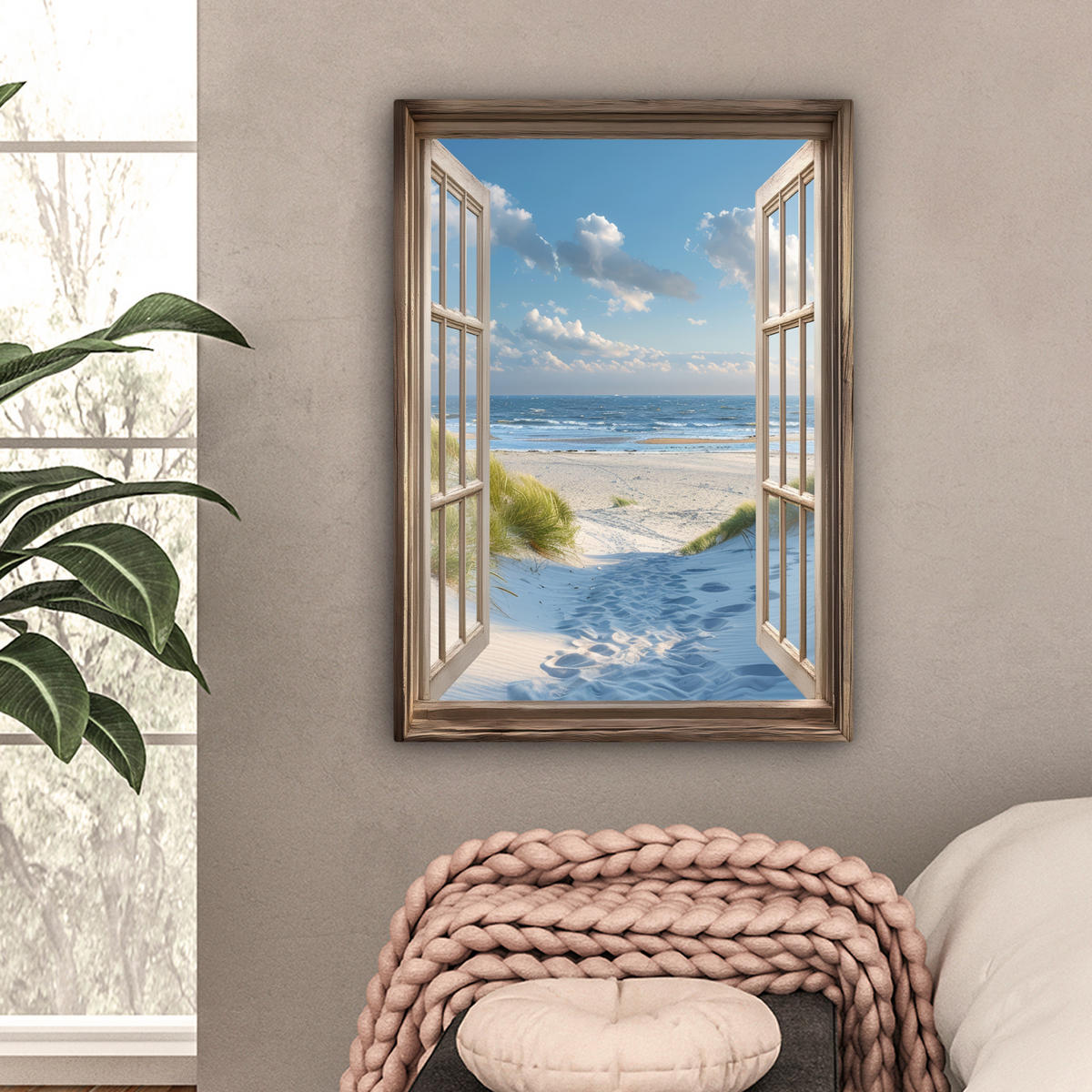 LEINWANDBILD Aussicht - Strand - Fenster - Dünen - Meer 60x80 cm - Hellblau, Textil (60/80cm) - MuchoWow