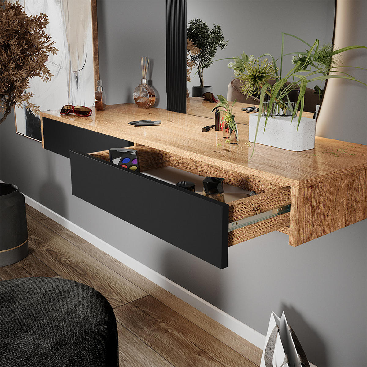 SCHMINKTISCH Melisa Schwarz 120 cm mit 2 Schubladen - Eichefarben/Schwarz, Holzwerkstoff (120/161.1/40cm) - Vicco
