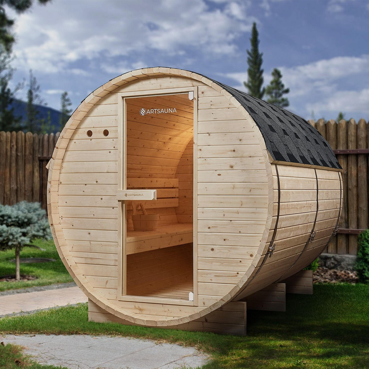 FASSSAUNA Spitzbergen 220 cm mit 8 kW Saunaofen (6 Personen) - Naturfarben, Holz (191/193/220cm) - Artsauna