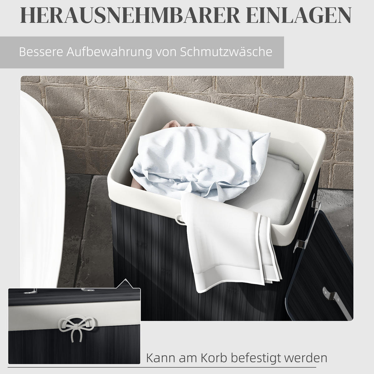 WÄSCHEKORB Wäschetruhe Wäschebox Wäschesammler Eckig Bambus 72 L Schwarz - Schwarz, Naturmaterialien (30/60/40cm) - HOMCOM