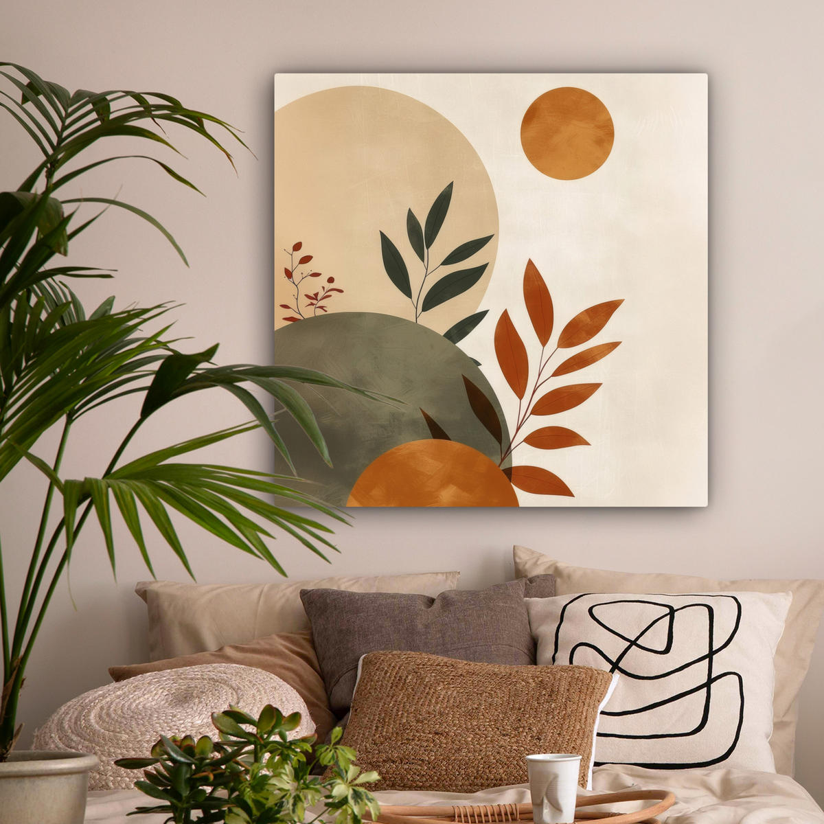 LEINWANDBILD Formen - Rund - Blätter - Beige 90x90 cm - Rostfarben, Textil (90/90cm) - MuchoWow