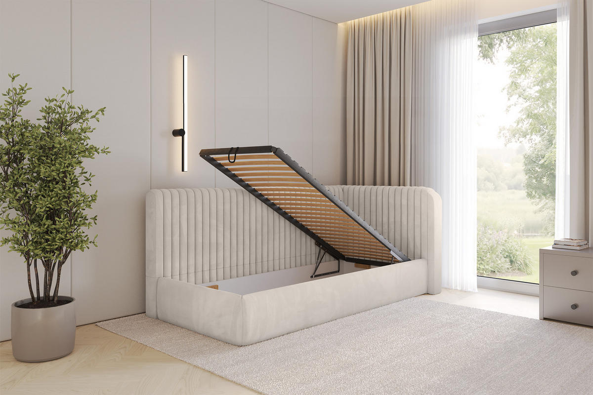 EINZELLBETT Jugendbett mit Bettkasten und Matratze H3/H4, Links - AURY 100x200 Beige - Ecru, Holzwerkstoff/Textil (100/200cm) - ALTDECOR