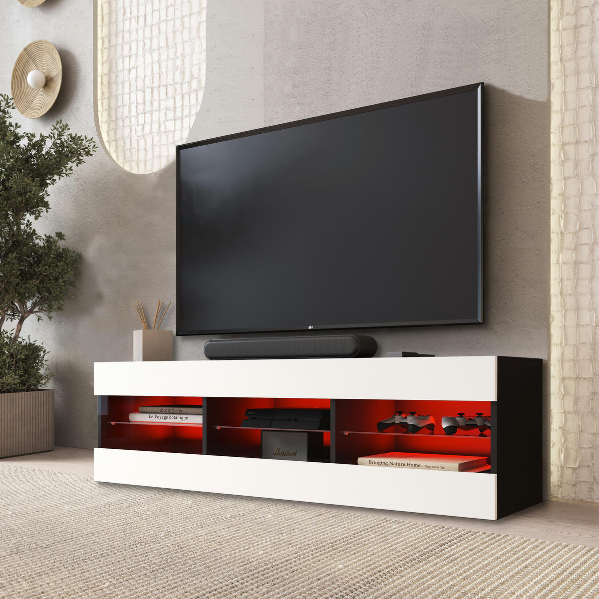LOWBOARD TIVOLI RTV 140, Weiss, LED Mehrfarbige - Schwarz/Weiß, Glas/Holzwerkstoff (140/40.5/35.5cm) - Komodee