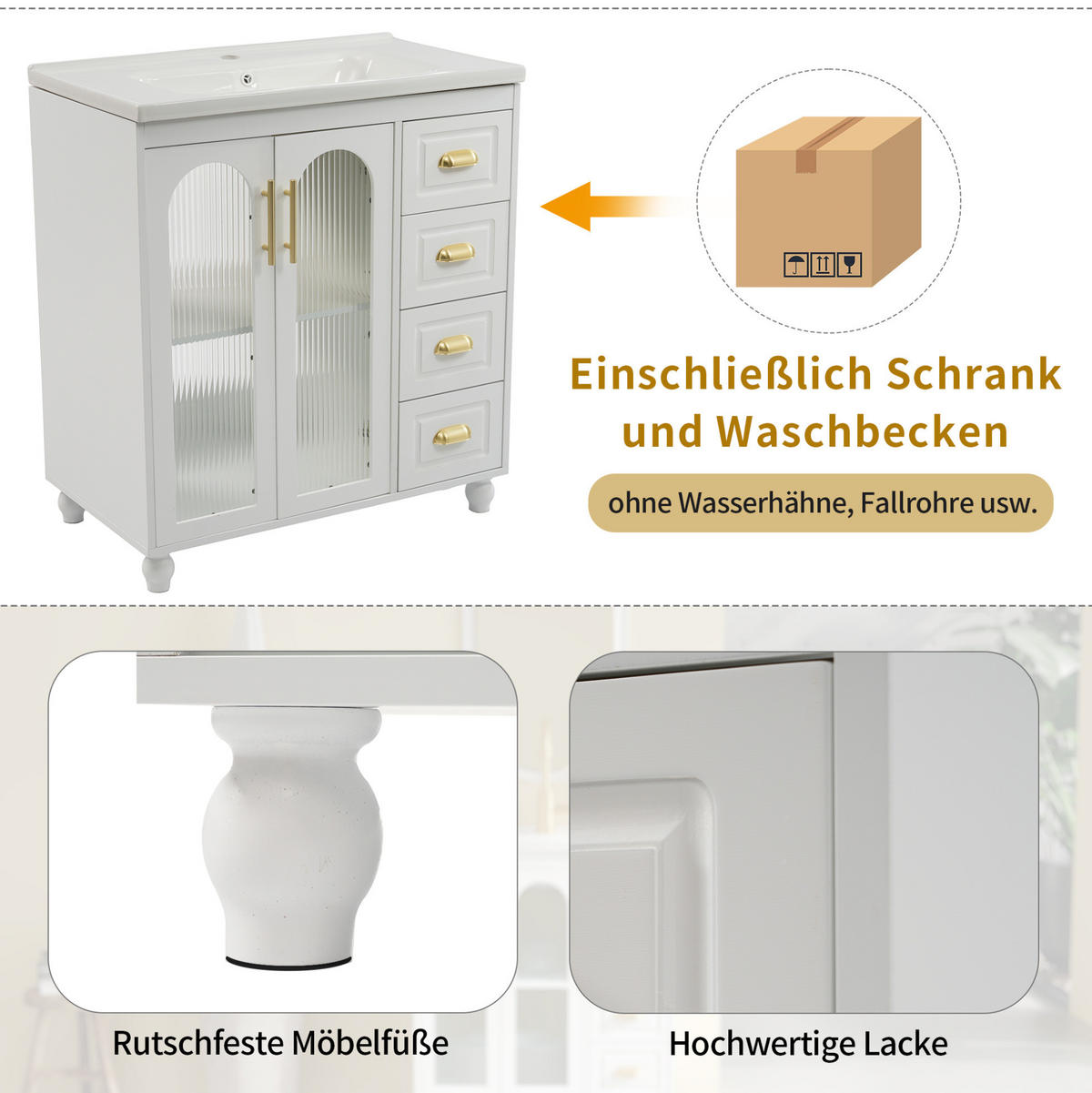 WASCHTISCH mit Unterschrank aus MDF und Porzellan 80x47x90 cm Weiß mit 3 Schubladen und Stauraum - Weiß, Holzwerkstoff (80/90/47cm) - Modfu