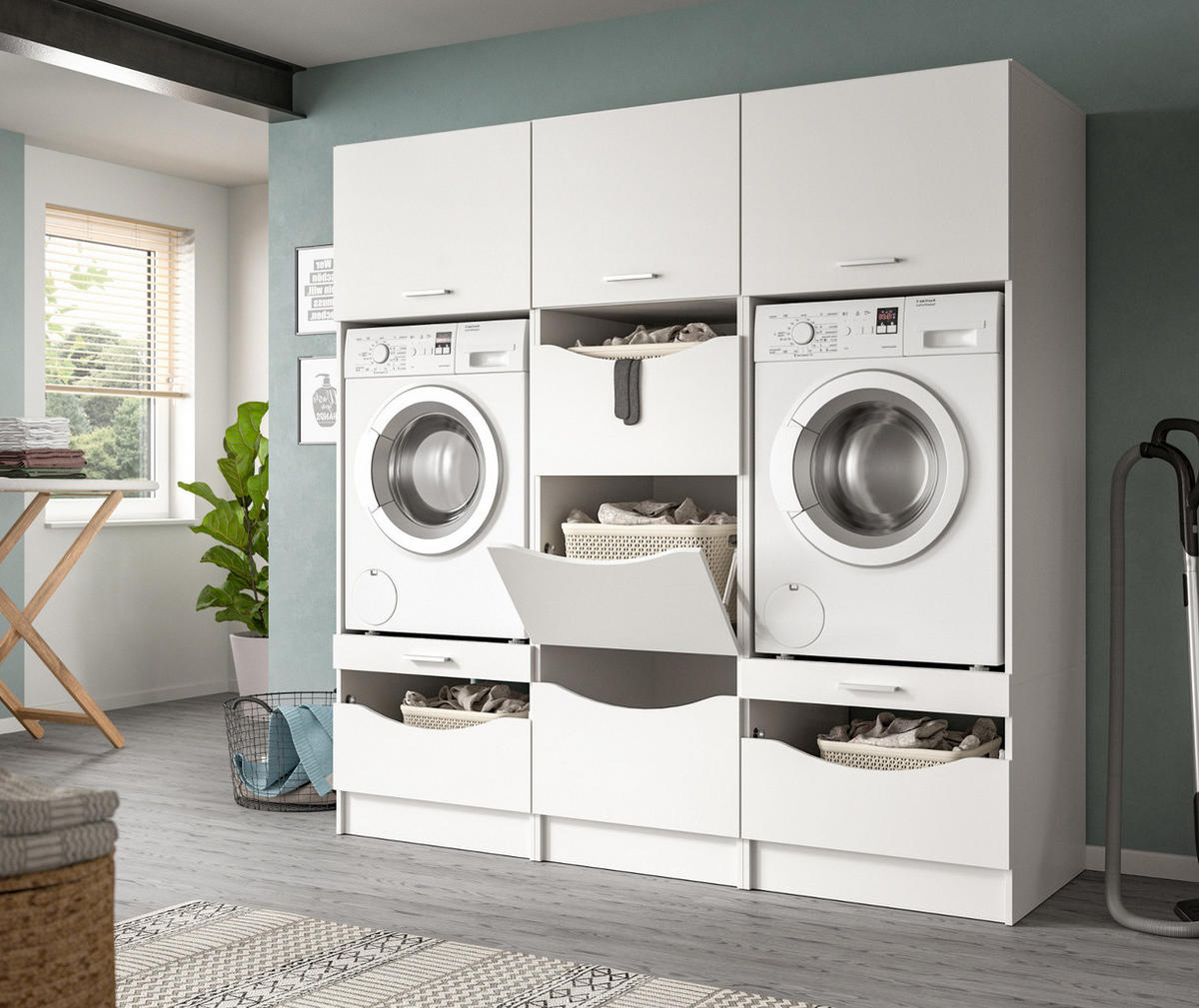 WASCHMASCHINENSCHRANK weiß Set 3-teilig, Waschmaschinenumbau 192 cm mit viel Stauraum - Silberfarben/Weiß, Glas/Holzwerkstoff (192/196/68cm) - Inn.Furn