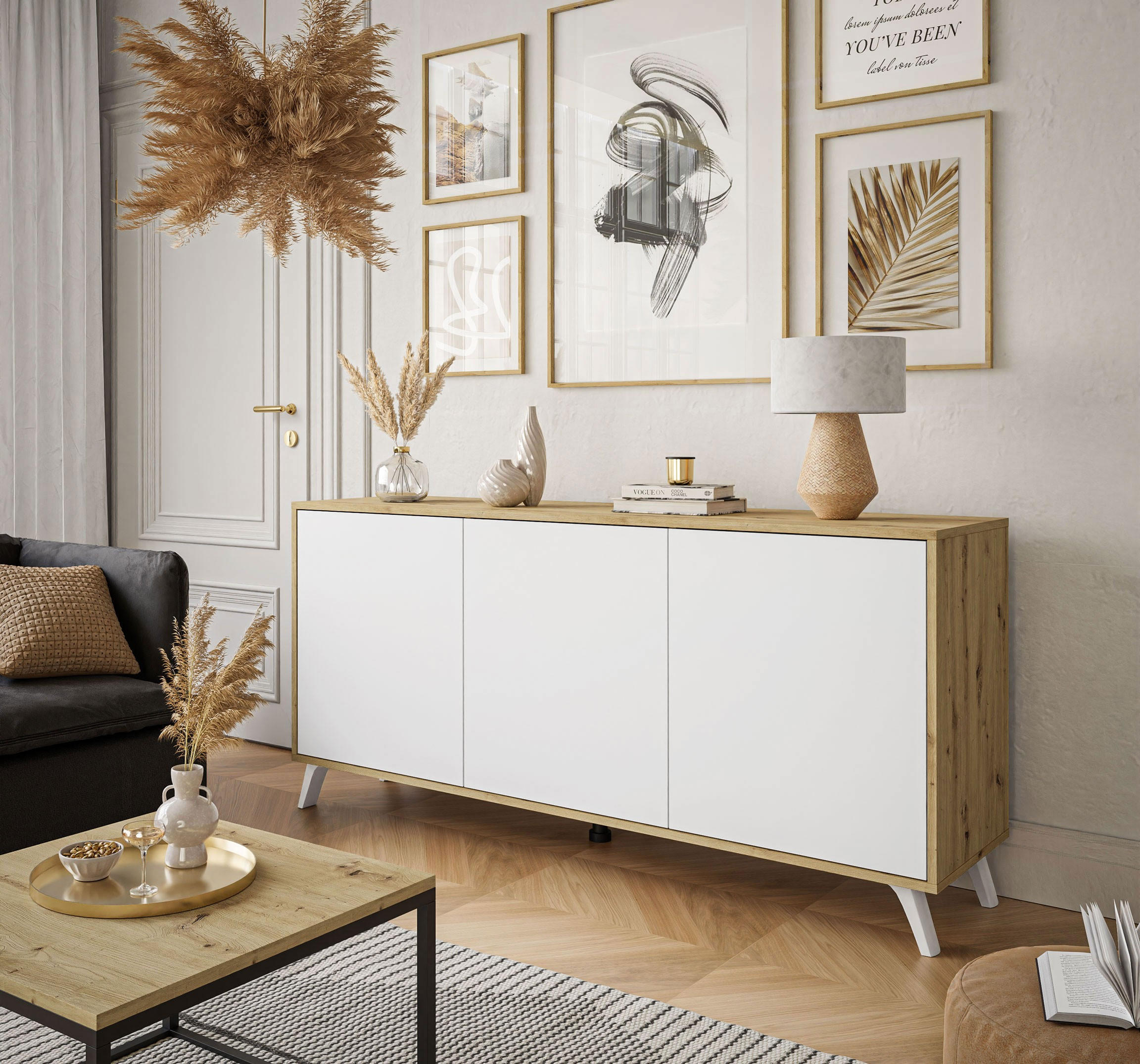 KOMMODE SANAYI III Eiche Artisan/Matte Weiß - Weiß, Holzwerkstoff (154/72/40cm) - Lookway