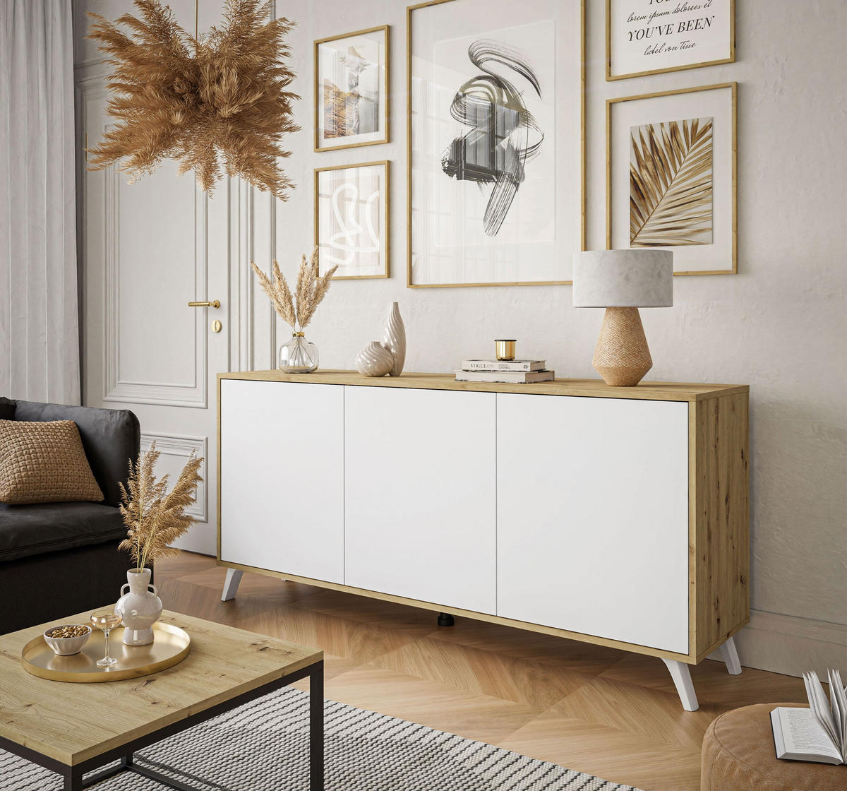 KOMMODE SANAYI III Eiche Artisan/Matte Weiß - Weiß, Holzwerkstoff (154/72/40cm) - Lookway