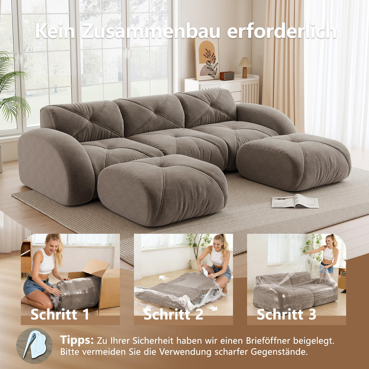 WOHNLANDSCHAFT Chenille Taupe mit 2 Hocker - Braun, Textil (281/76/171cm) - WISHDOR