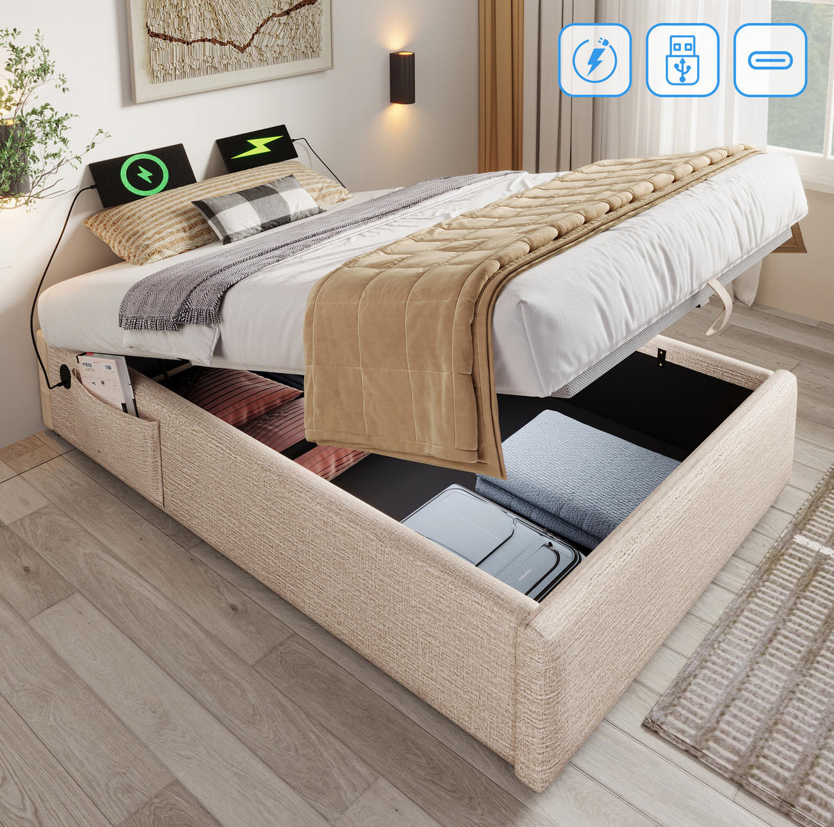 TAPECIRANI krevet 90/190 cm prirodni od lana s prostorom za odlaganje i USB/Type-C priključkom - bež, tekstil (90/190cm) - OKWISH