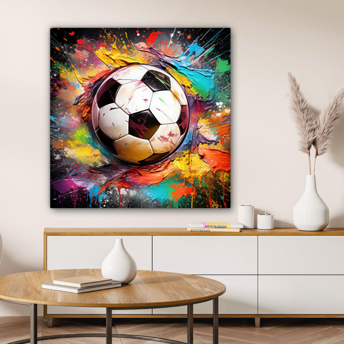 LEINWANDBILD Fußball - Farbe - Farben - Schwarz - Weiß Deko Groß 90x90 cm - Weiß, Textil (90/90cm) - MuchoWow