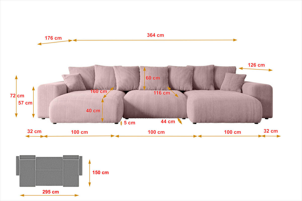 WOHNLANDSCHAFT mit Schlaffunktion ESKAR-U -364x176x72cm Rosa Cord - Schwarz/Rosa, Holzwerkstoff/Kunststoff (364/72/176cm) - ALTDECOR