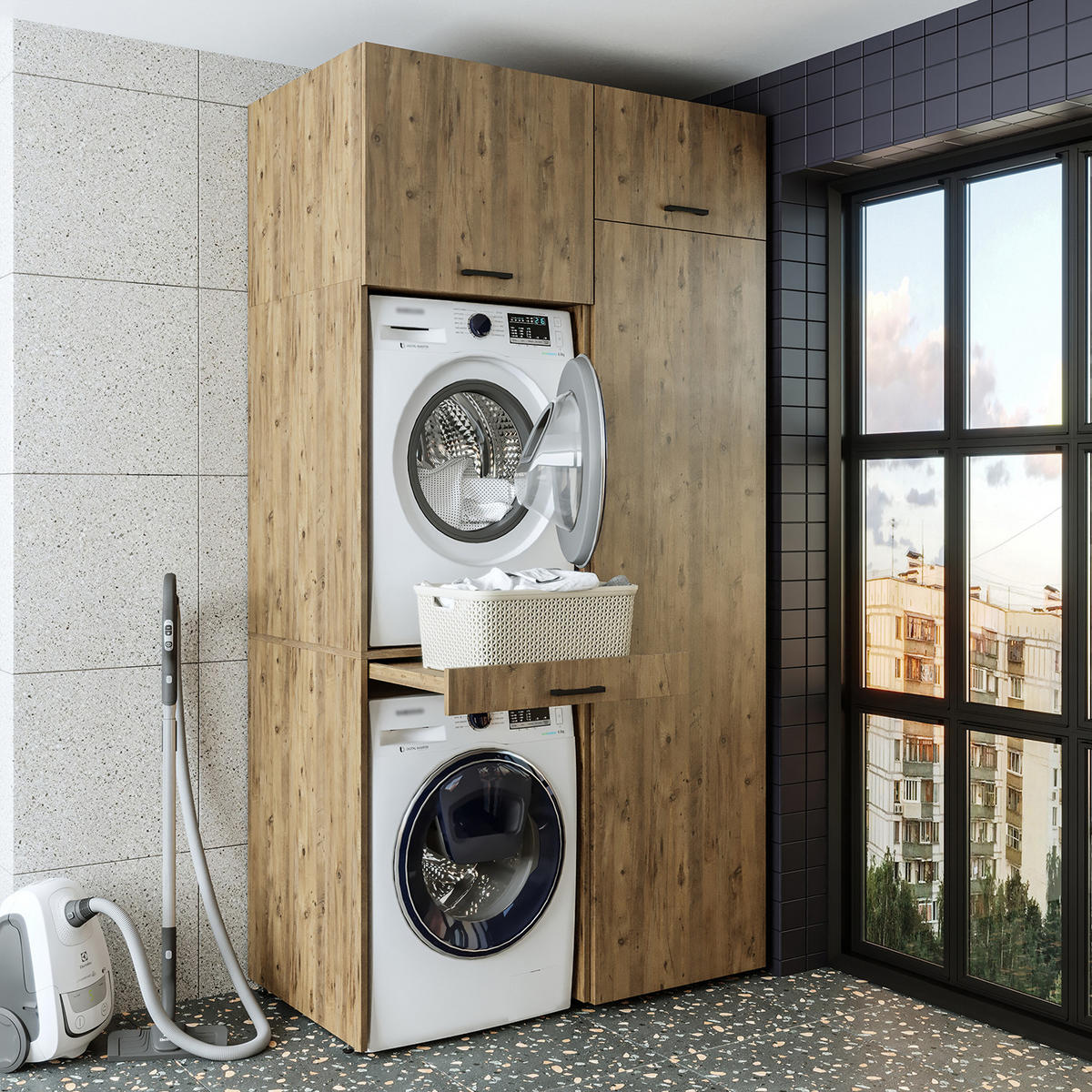WASCHMASCHINENSCHRANK DUO-I 127cm Breit, 240cm Hoch - Eichefarben, Holzwerkstoff (127/240/67cm)