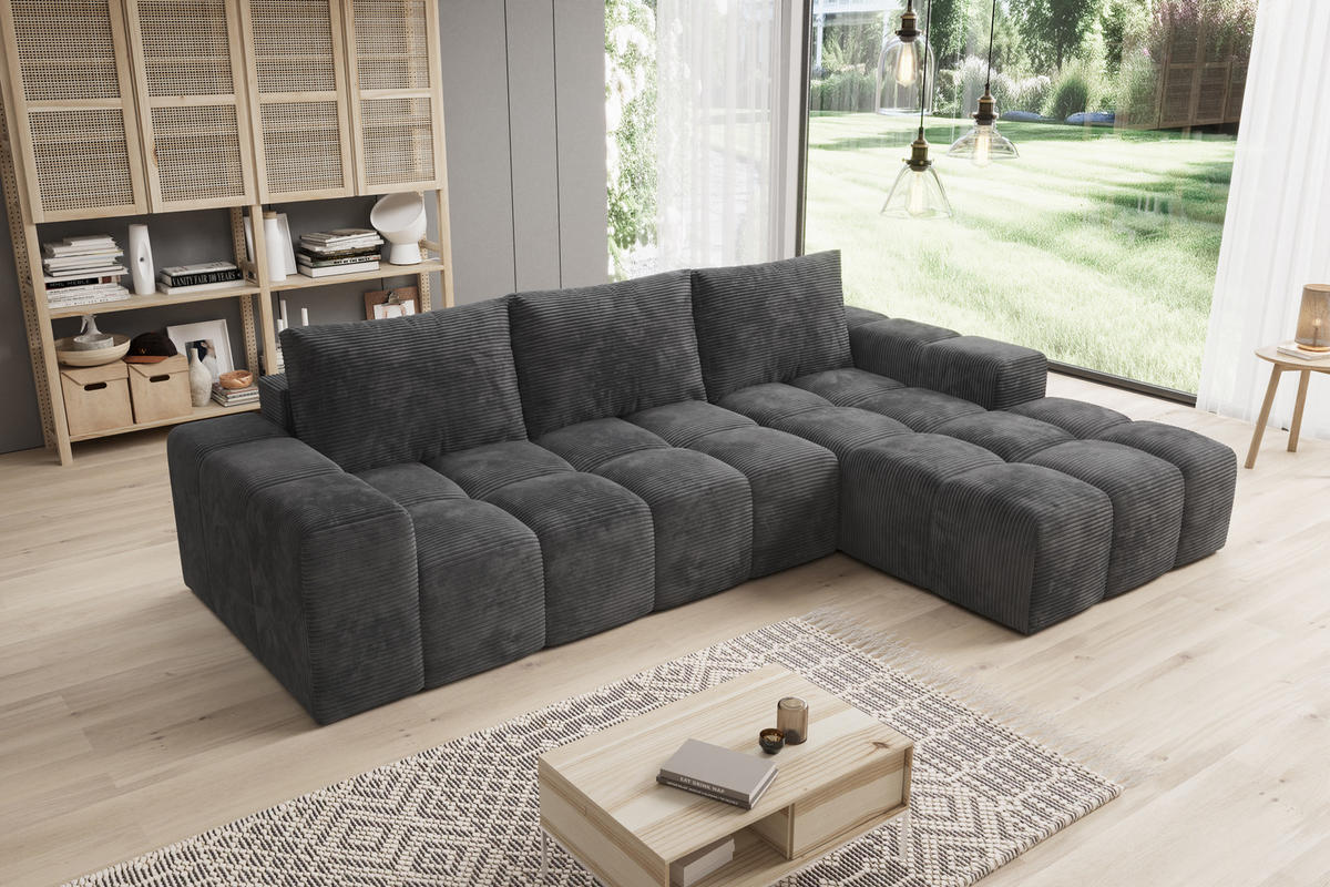 ECKSOFA Cento, L-Form, Ottomane Rechts, Cordstoff, 285x56x180 cm, Dunkelgrau - Dunkelgrau, Holz (285/180cm) - PROMETO Möbel