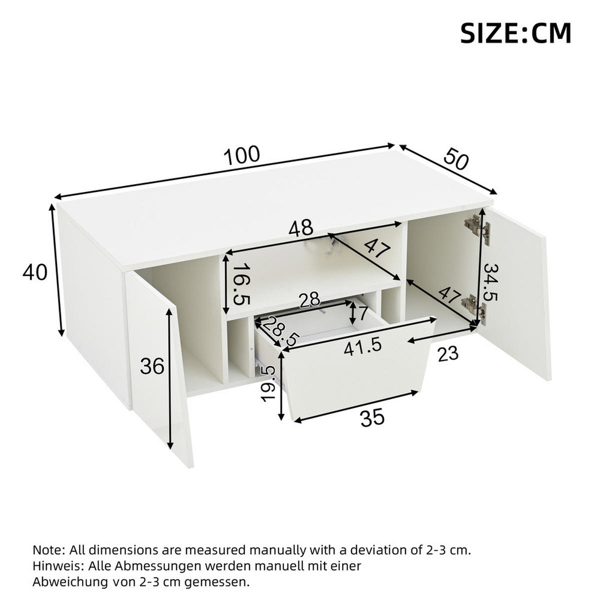 COUCHTISCH 100x50cm Weiß Hochglanz LED Unregelmäßig 2 Schränke Schublade - Weiß, Holz (109.22/59.51/12.98cm) - FLIEKS