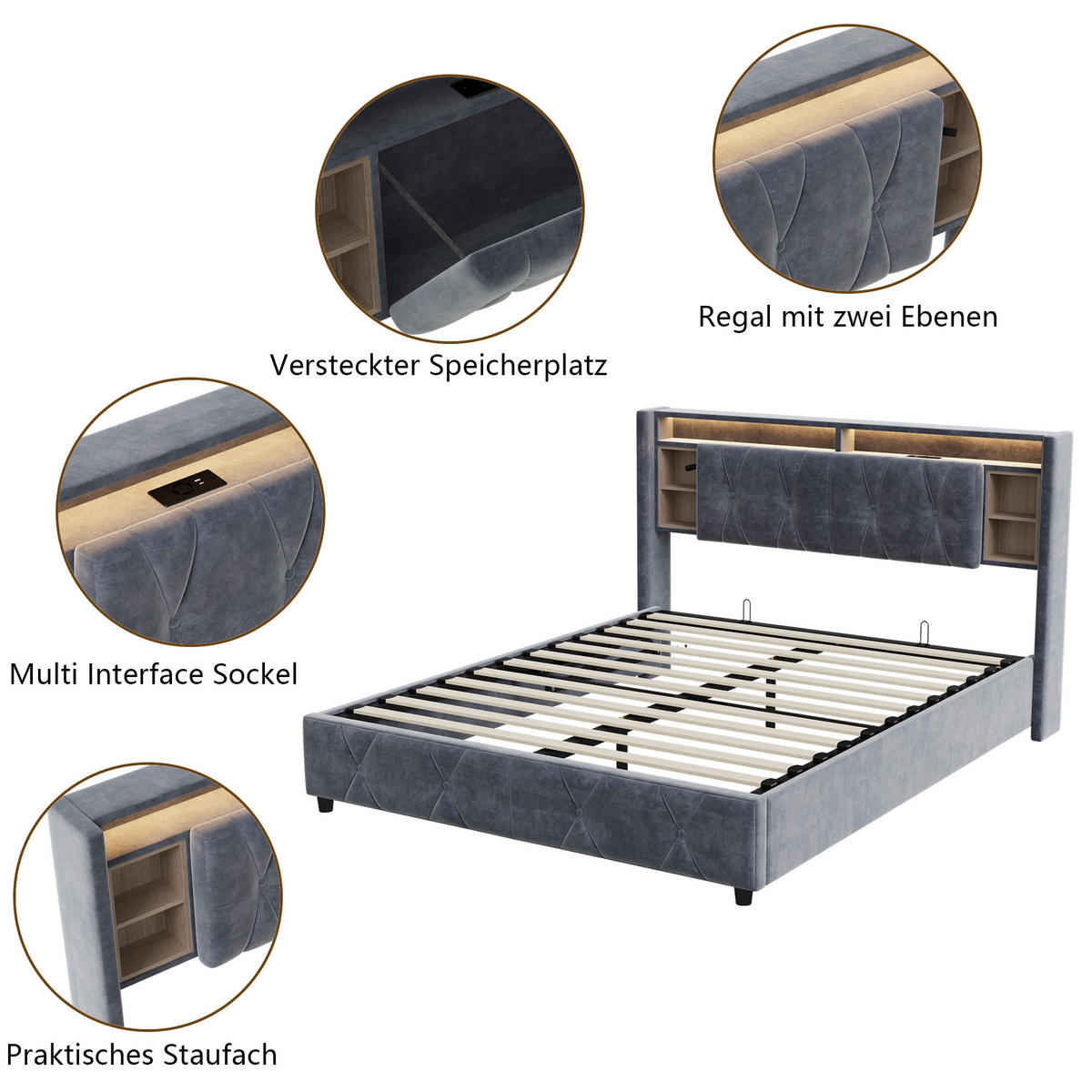 POLSTERBETT 160x200 cm, Grau, mit USB & Type-C, LED-Beleuchtung - Grau, Textil/Metall (160/200cm)