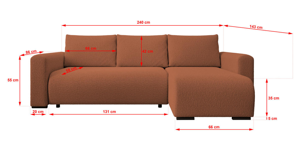 ECKSOFA DORA L, Eckcouch in L-Form mit Schlaffunktion und Bettkasten, Farbe: Orange, Bouclé-Stoff, Ottomane Rechts - Orange, Textil (240/143cm) - Storez24