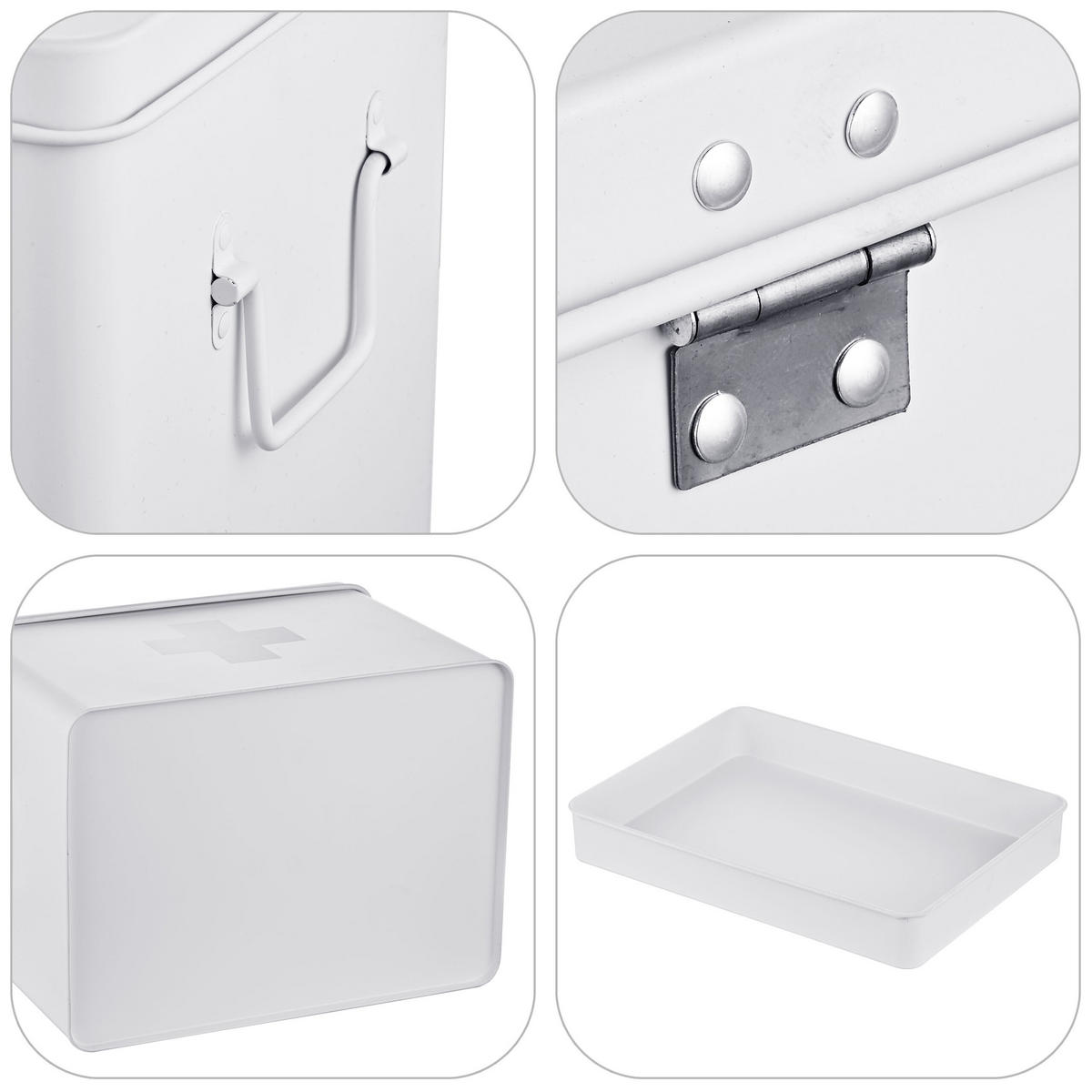 MEDIZINBOX Weiß Grau Metall 4 Fächer entnehmbarer Einsatz - Weiß, Metall (28/21/20.5cm) - Relaxdays