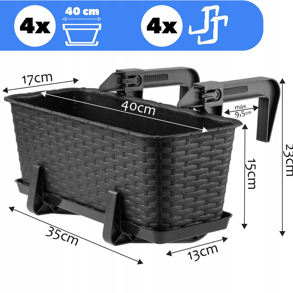 BALKONKASTEN mit Griffen, Anthrazit, 40 cm, 4 Stk. - Anthrazit, Kunststoff (17/40cm) - KADAX