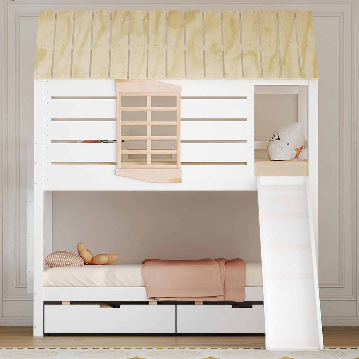 HAUSBETT 90X200 cm mit Rutsche und 2 Schubladen, Weiß+Natural - Weiß, Holz (90/200cm) - KOMHTOM